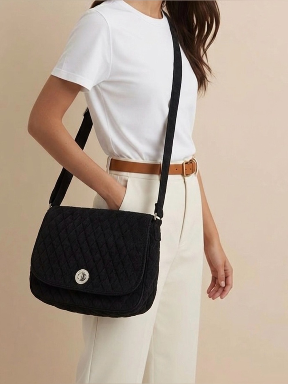 Vera Bradley Women Retired Black Quilted Crossbody saddle Bag Turn-Lock Closure